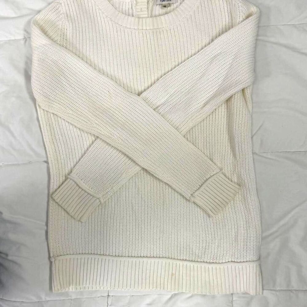 Tyler Boe Ivory Ribbed Crewneck Sweater XS Button Back Cream Knit